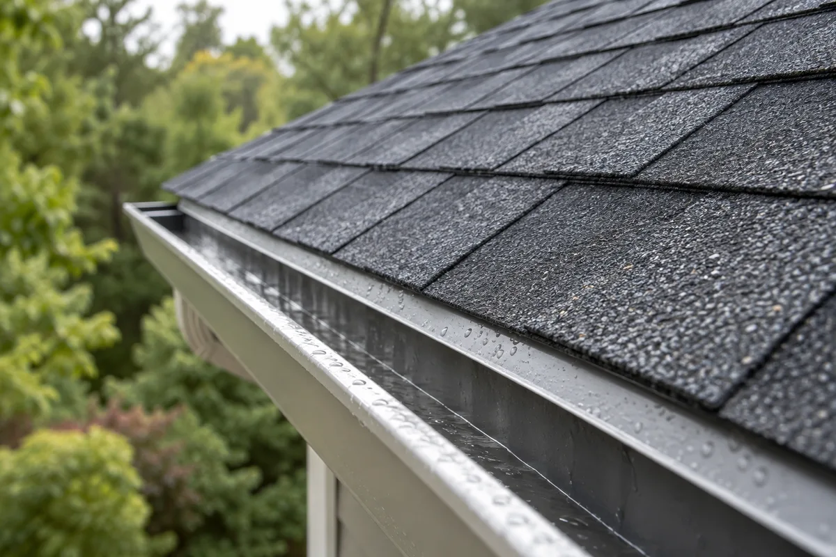Charcoal roof shingles, metal edging and a rain gutter.